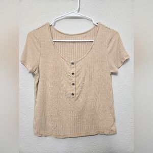 American Eagle small henley short sleeve cream stripe crop top Butter Yellow